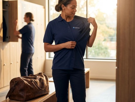 Trabalhador em ambiente profissional a retirar a farda no final do turno