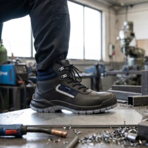 Bota de trabalho S3 ASMARA em pele preta com detalhes azuis e biqueira compósito