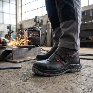 Botas de soldador S3 MIRA em pele preta com fivela e costuras vermelhas