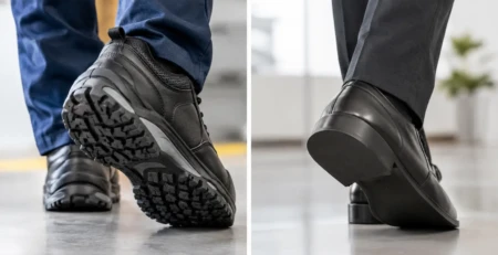 Sapatos antiderrapantes versus sapatos comuns no trabalho