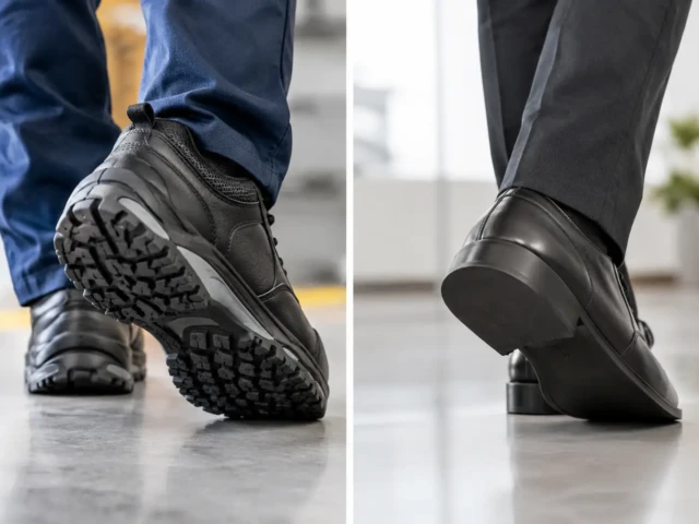 Sapatos antiderrapantes versus sapatos comuns no trabalho